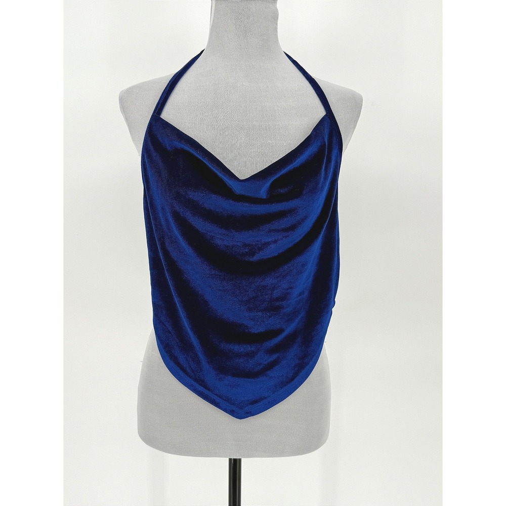 SHEIN BAE Royal Blue Velvet Halter Neck Draped Tie Back Crop Top XL